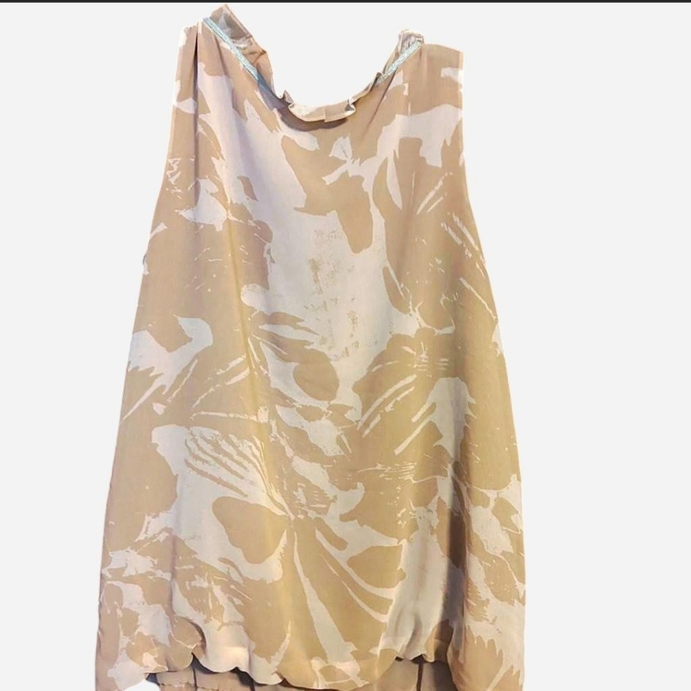 LOFT Beige Tank Ruffle Blouse Large Abstract Floral Cream Pink Hue - Picture 2 of 2